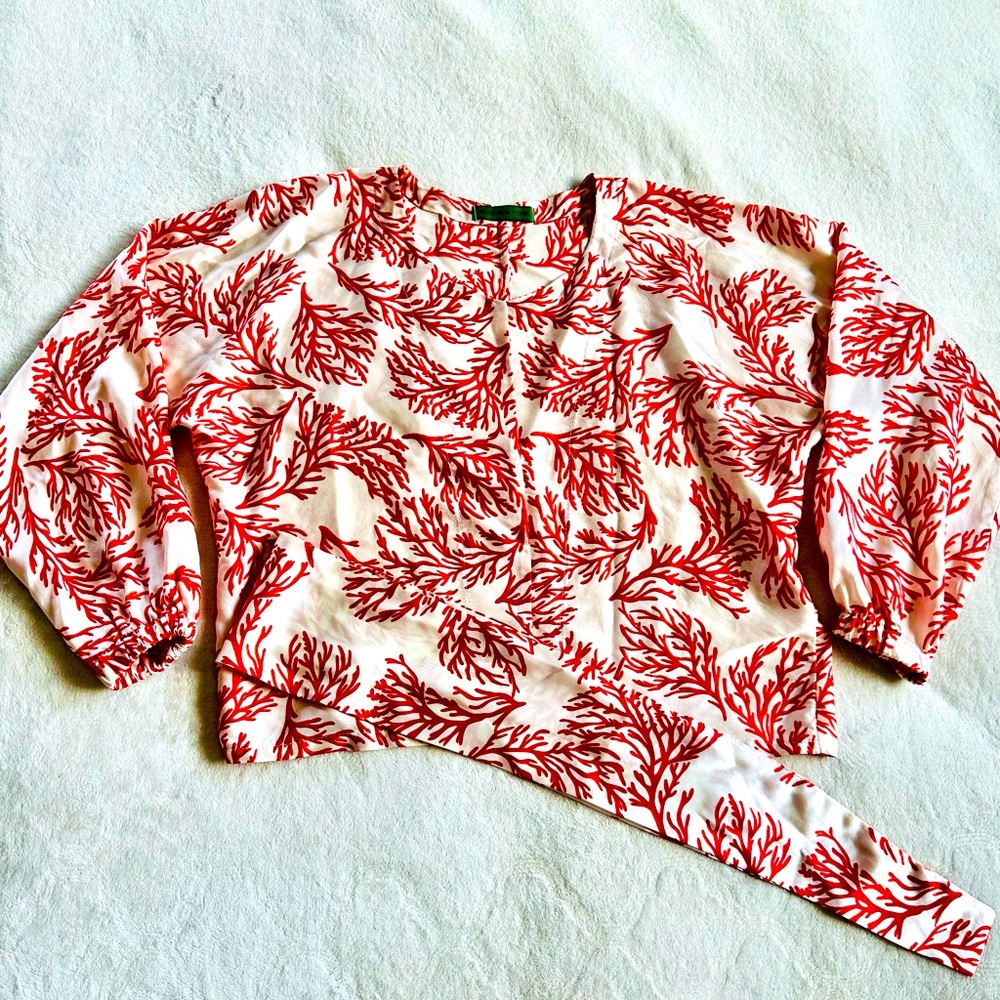 Muze New York Womens White Red Silk Coral  Blouse Top with Belt Size S